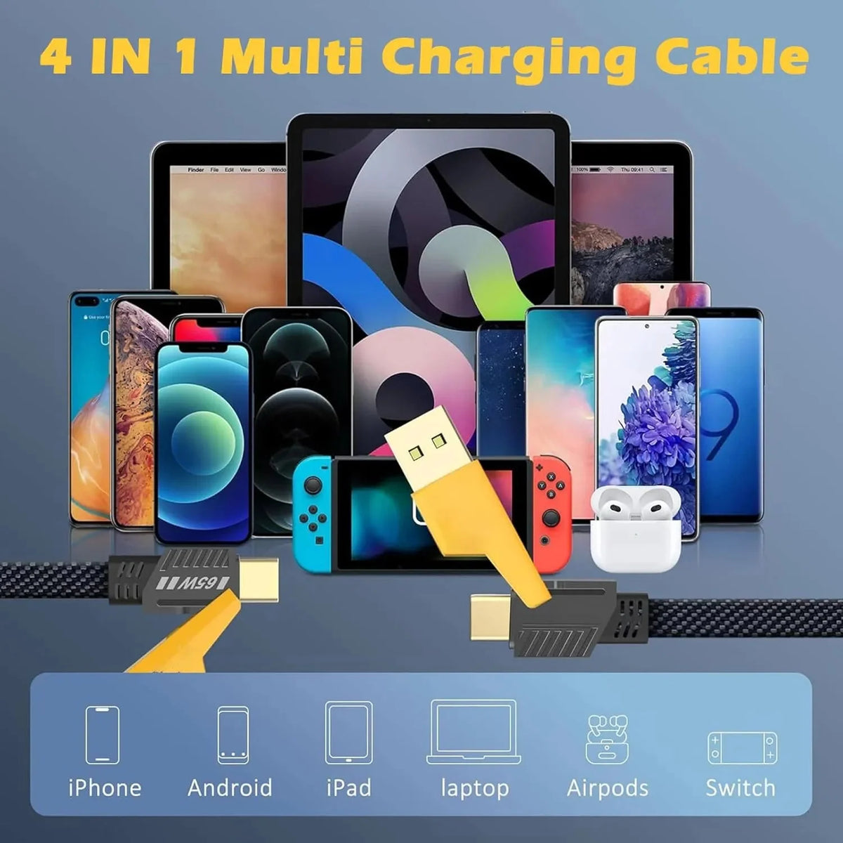 4-in-1 Fast Charging Cable – USB to Type-C, Micro USB & Lightning Charger with Braided Design