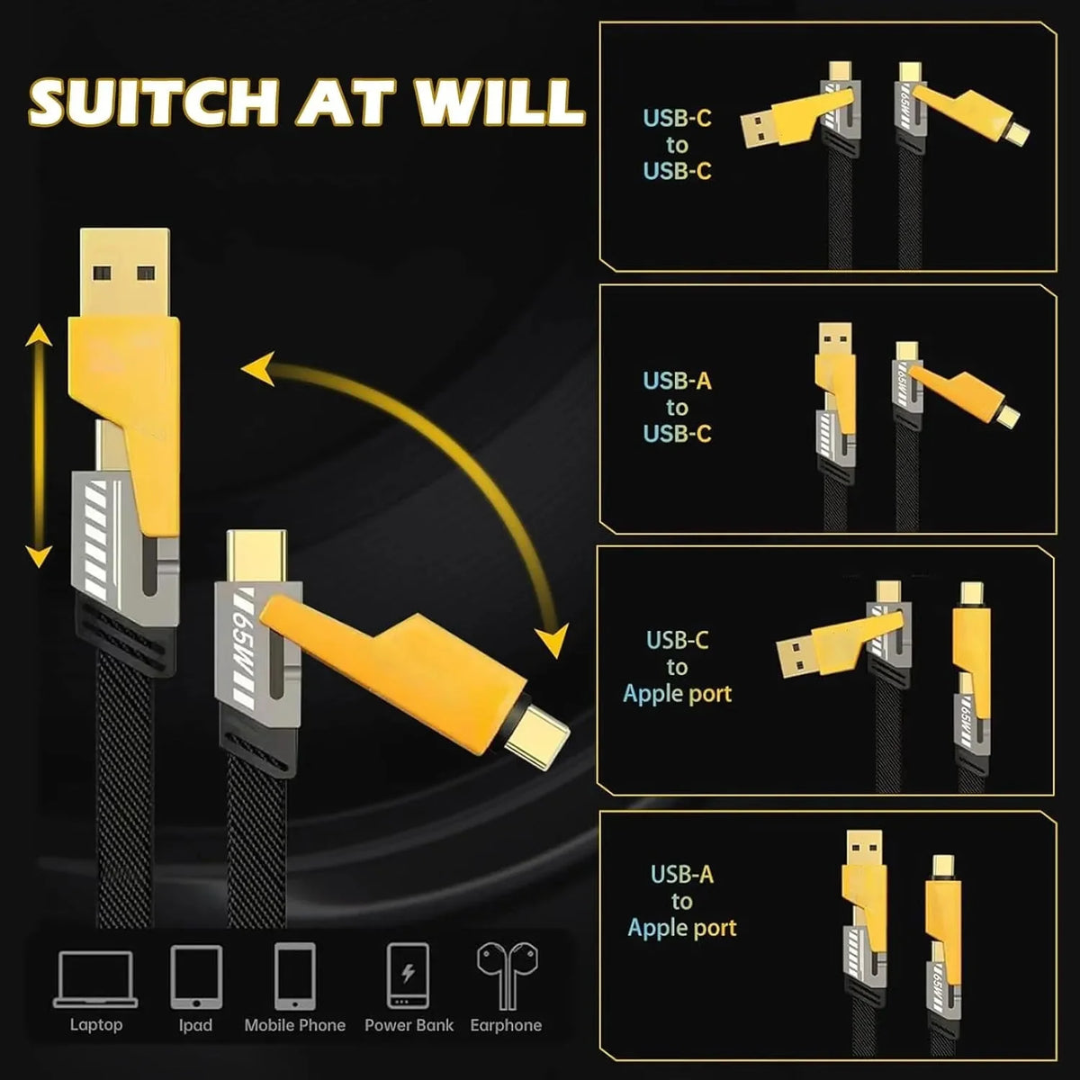 4-in-1 Fast Charging Cable – USB to Type-C, Micro USB & Lightning Charger with Braided Design
