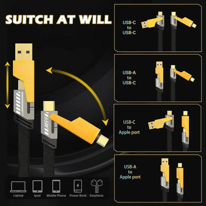 4-in-1 Fast Charging Cable – USB to Type-C, Micro USB & Lightning Charger with Braided Design