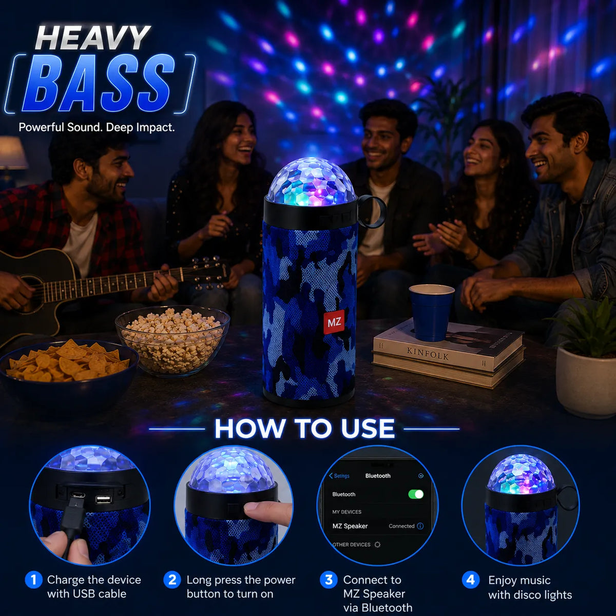 Portable Wireless Bluetooth Speaker with RGB Disco Lights
