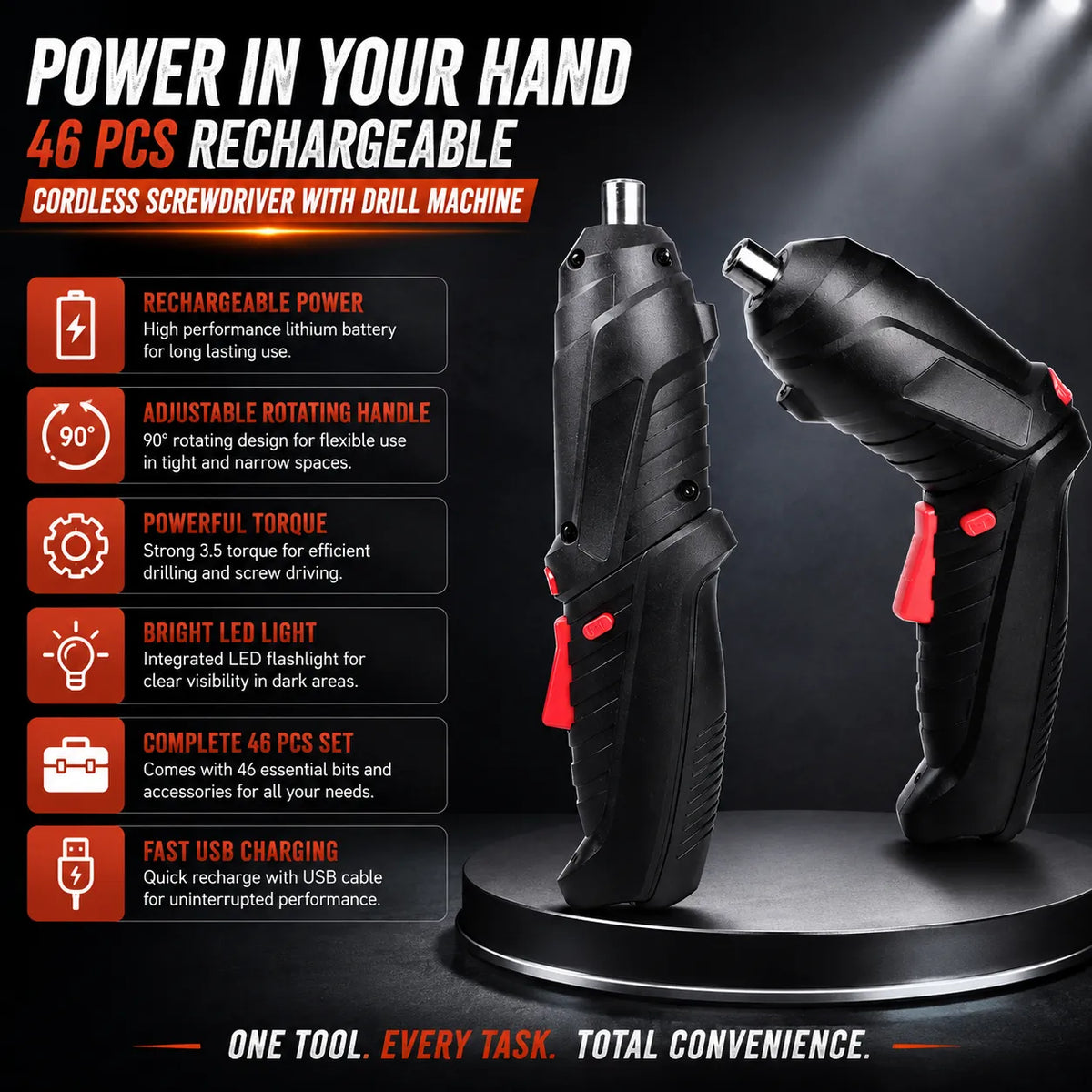 46-Piece Rechargeable Cordless Drill & Precision Screwdriver Set