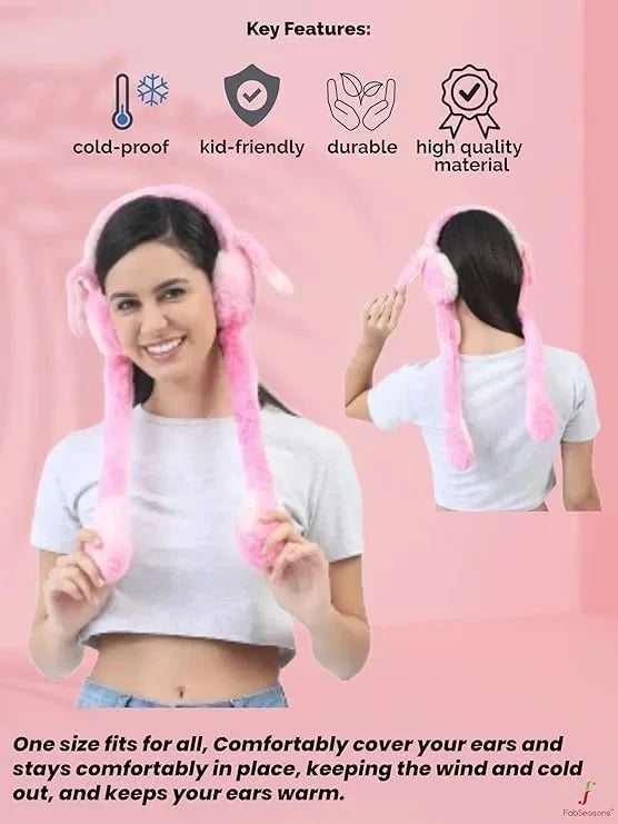 Girls Winter Plush Earmuffs with Moving Bunny Ears – Soft, Warm & Super Cute Ear Warmer