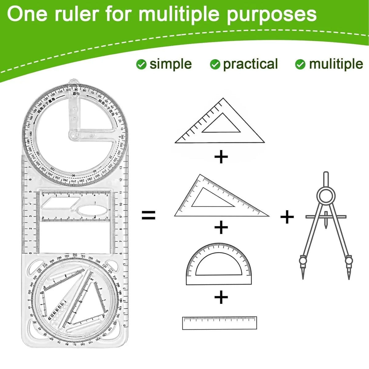 Multi-Functional Geometry Ruler – 360° Protractor, Compass & Measuring Tool for Students & Designers