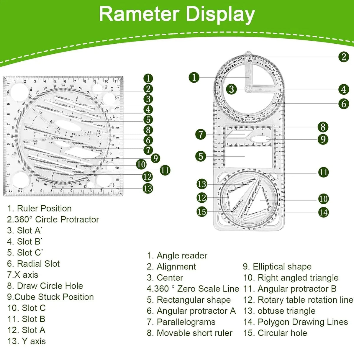 Multi-Functional Geometry Ruler – 360° Protractor, Compass & Measuring Tool for Students & Designers