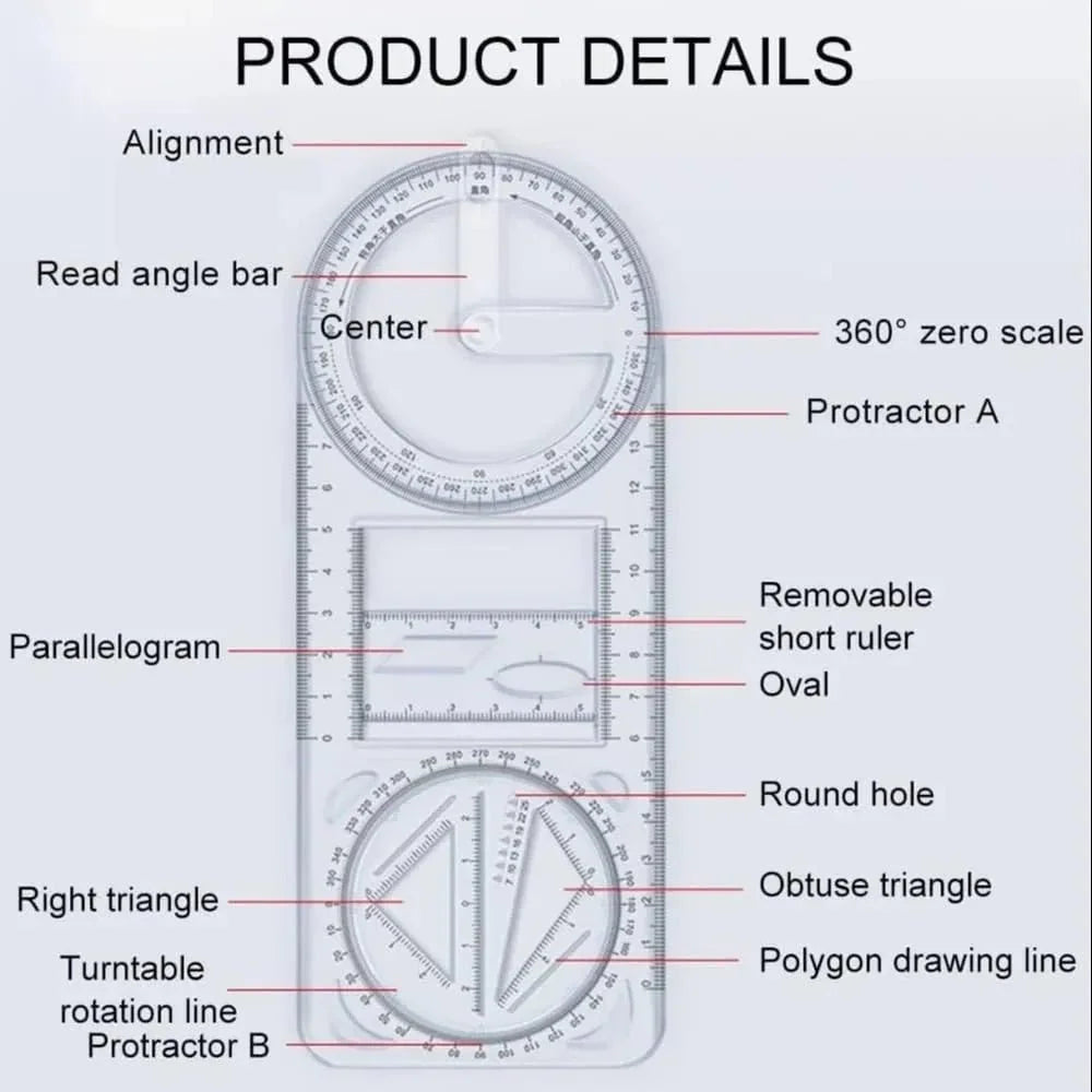 Multi-Functional Geometry Ruler – 360° Protractor, Compass & Measuring Tool for Students & Designers