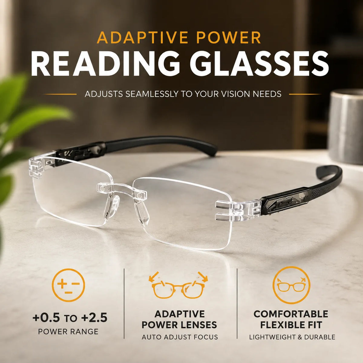Rimless Adaptive Power Reading Glasses