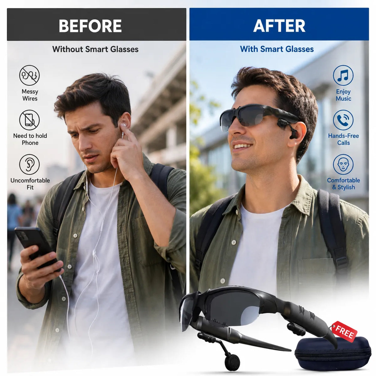 Wireless Audio Sunglasses with Protective Carry Case