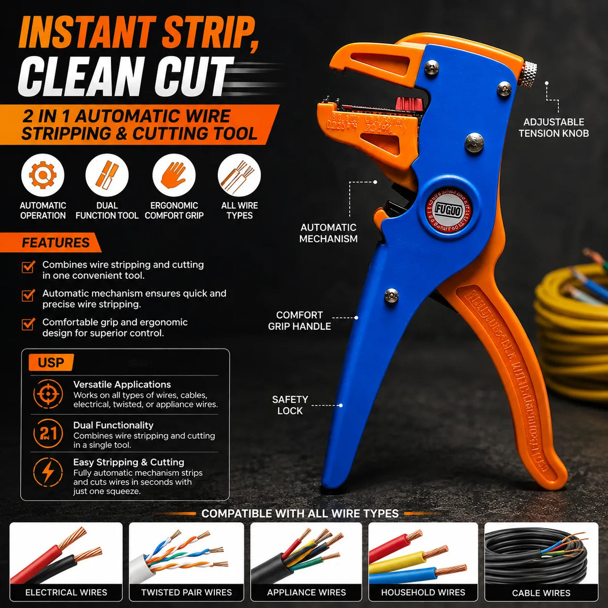 Professional 2-in-1 Automatic Wire Stripping & Cutting Tool